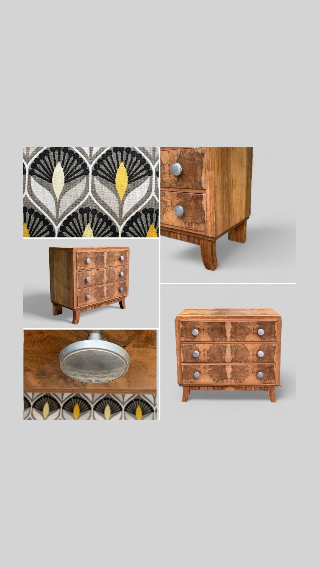 Art Deco chest of drawers in raw walnut burl