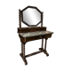 Antique English mahogany dressing table with carved details, black marble, and mirror.