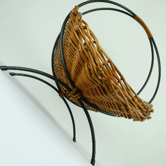 willow BASKET with black metal frame mid century 1950s fruit basket