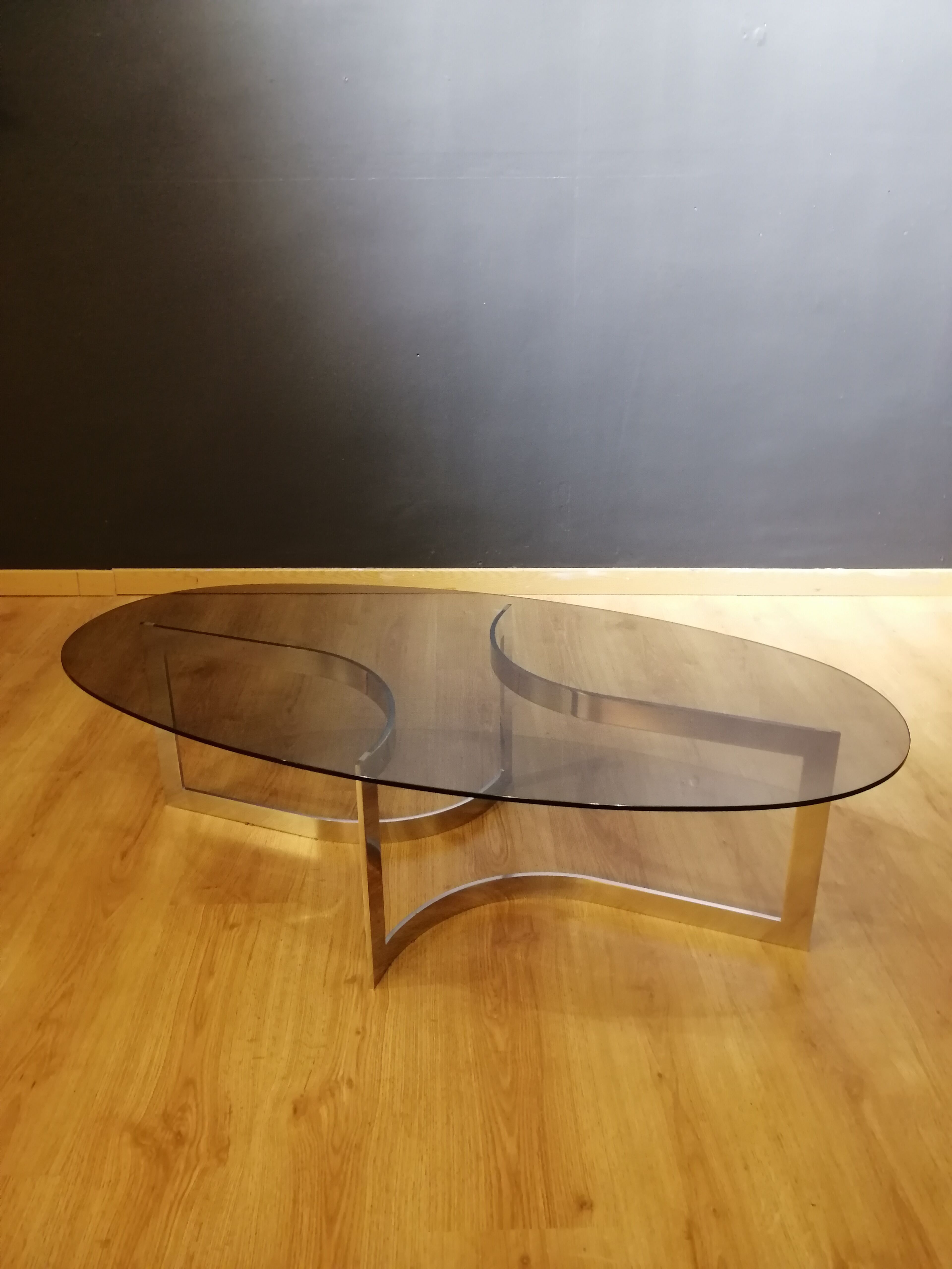 Coffee table in smoked glass and chrome by designer Paul Legeard, 70s