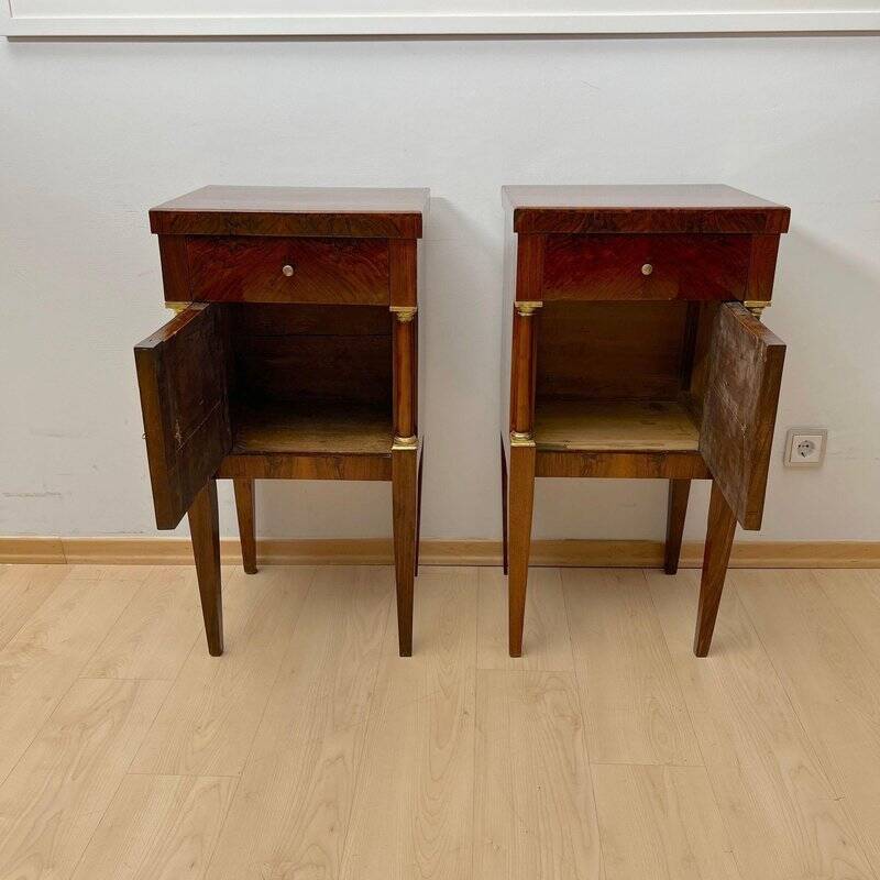Empire Nightstands in Walnut with Full Columns in Gilt Brass, Italy, 1810, Set of 2