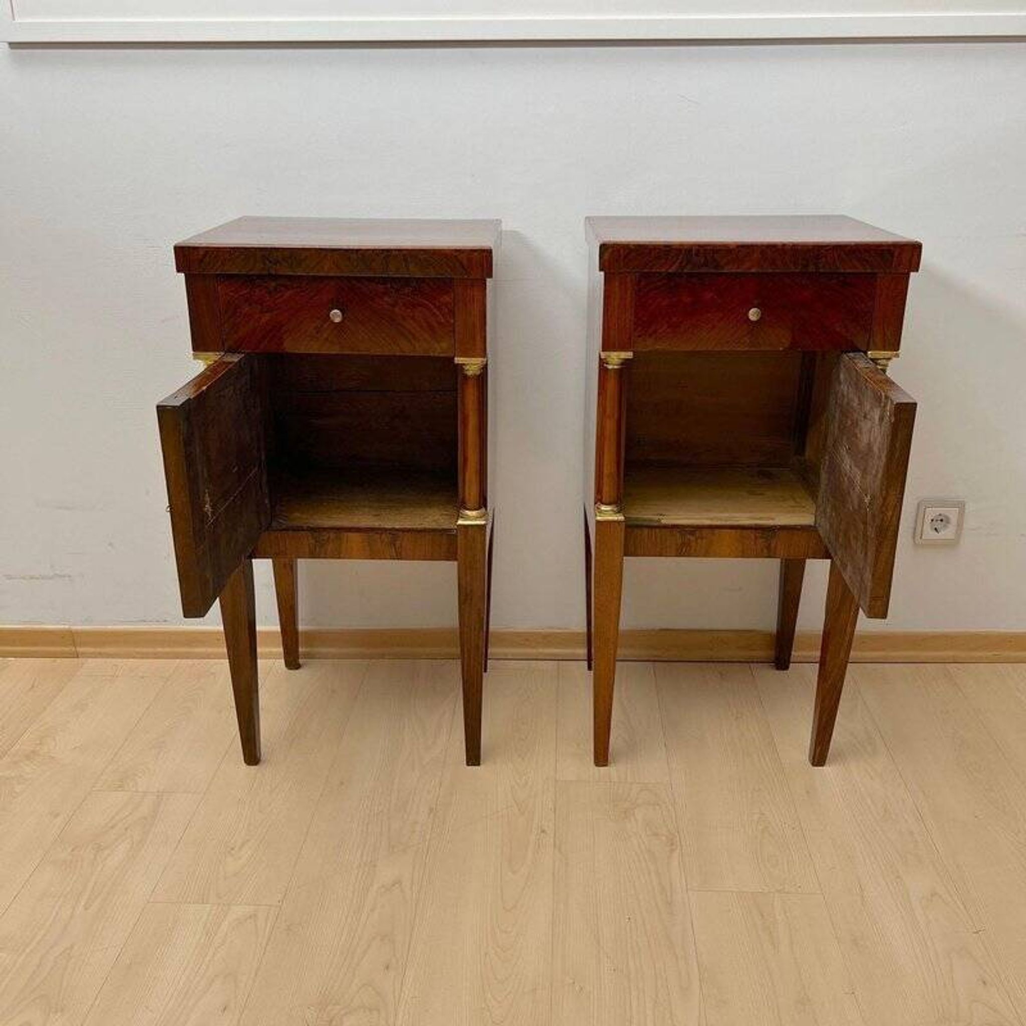 Empire Nightstands in Walnut with Full Columns in Gilt Brass, Italy, 1810, Set of 2