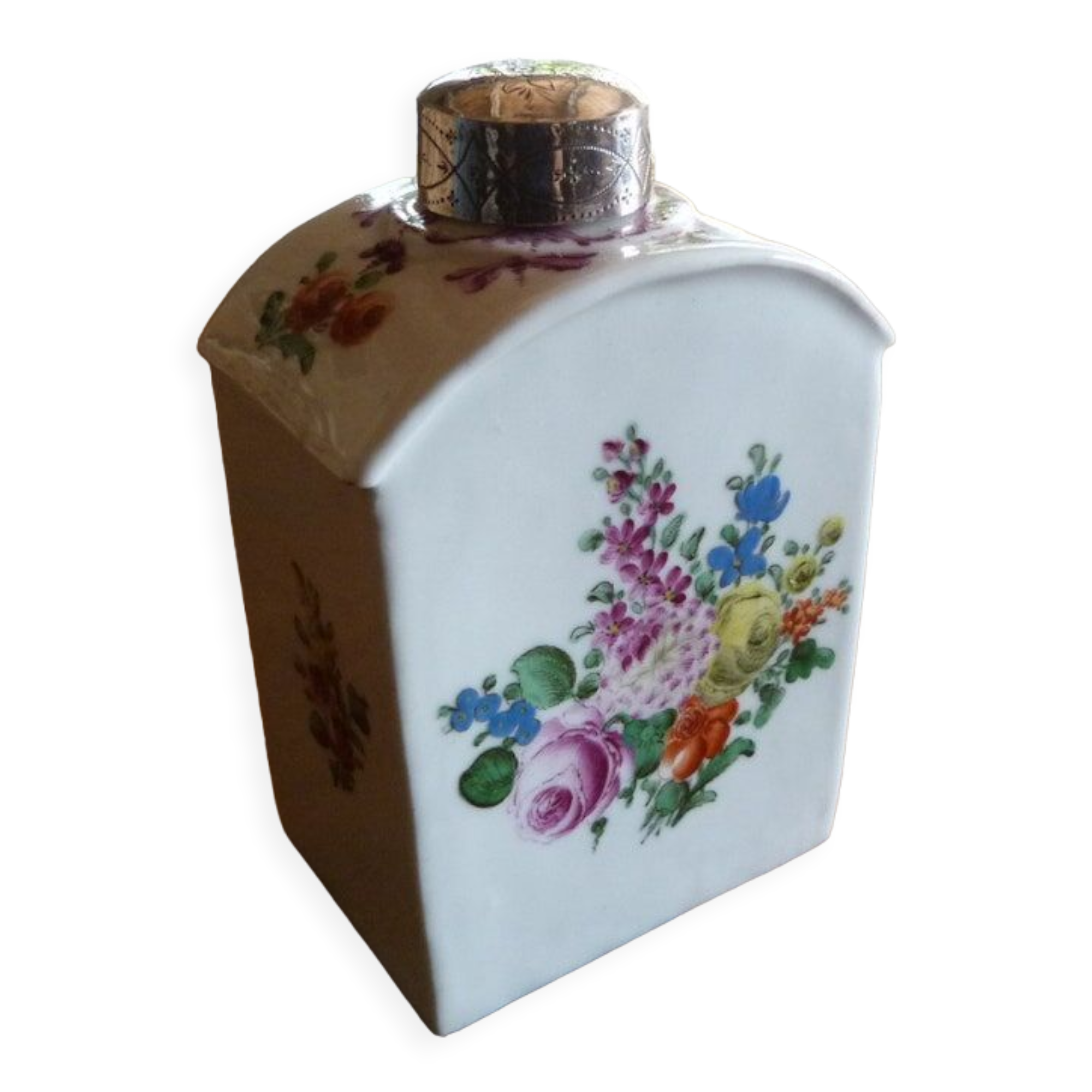Floral porcelain bathroom bottle with engraved silver cap