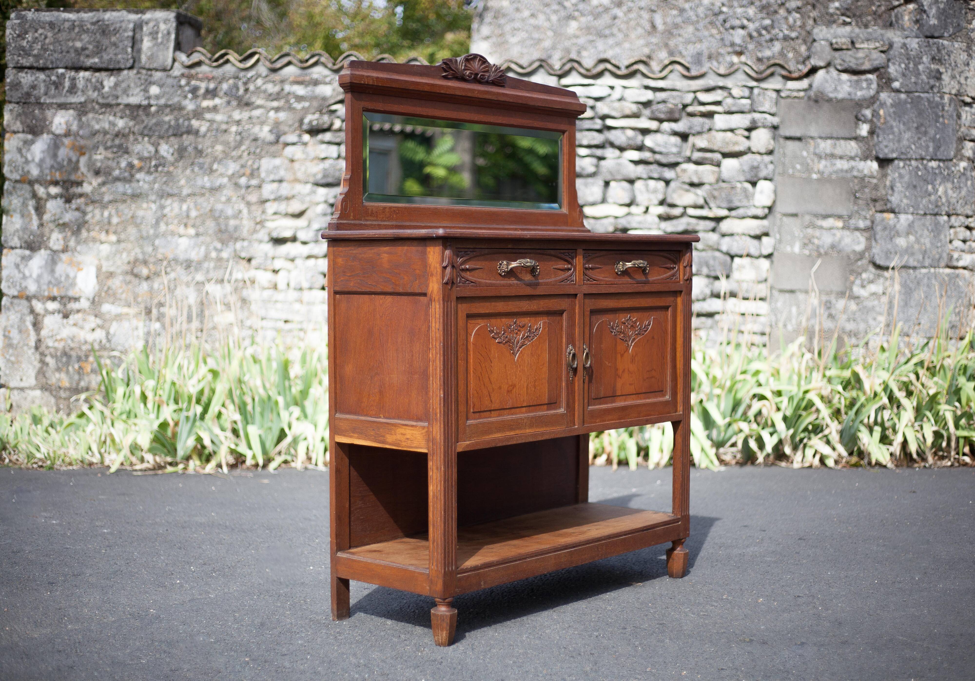 Buffet desserte bois vintage, meuble avec miroir, meuble de rangement