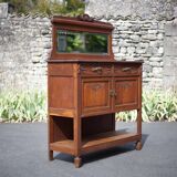 Vintage wooden serving sideboard, furniture with mirror, storage unit