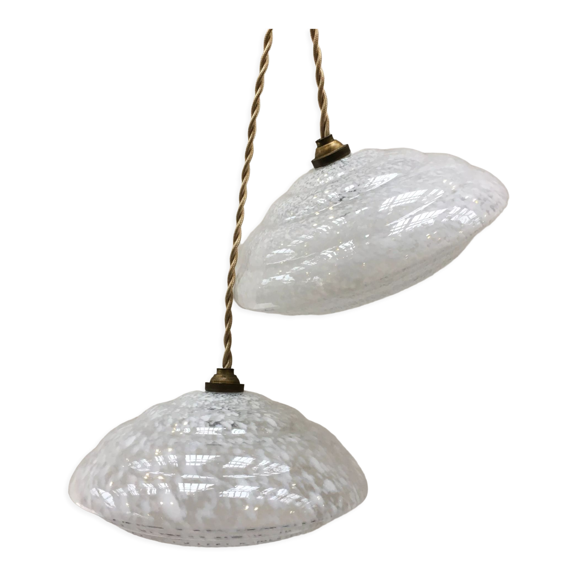 Pair of art deco suspensions in white Clichy glass