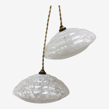 Pair of art deco suspensions in white Clichy glass