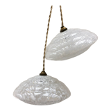 Pair of art deco suspensions in white Clichy glass
