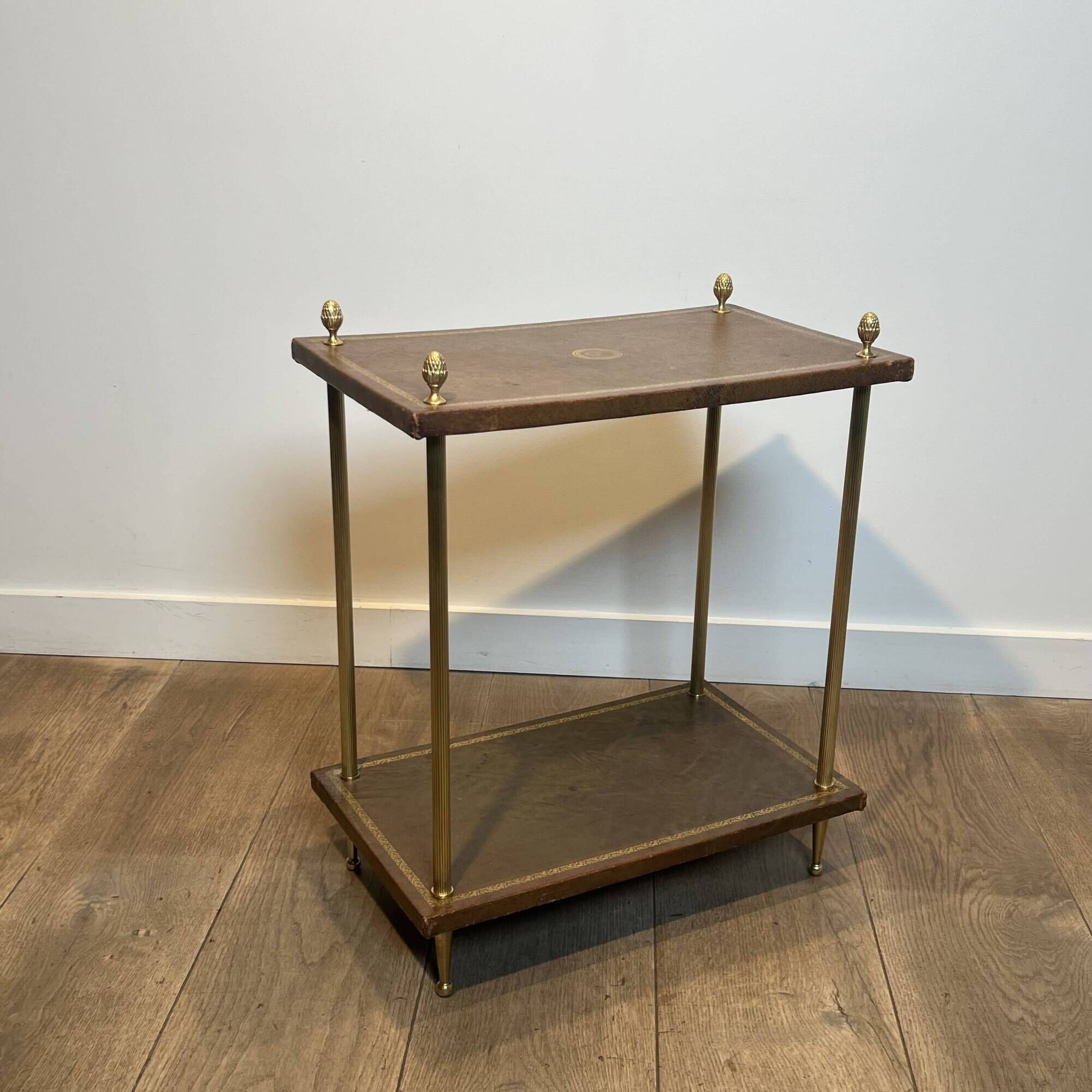 Double Tray Leather Sofa Table in Golden Tawny with Small Iron Details. Brass
