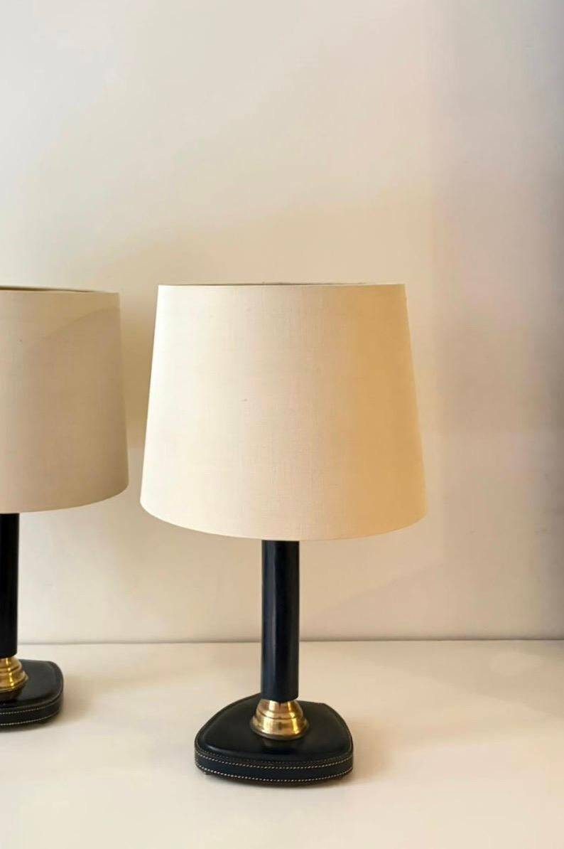 1950s Jacques Adnet Table Lamps in Navy Blue Leather & Bronze