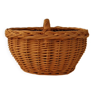 Small vintage wicker basket with navy blue lining and white polka dots - Cottage core