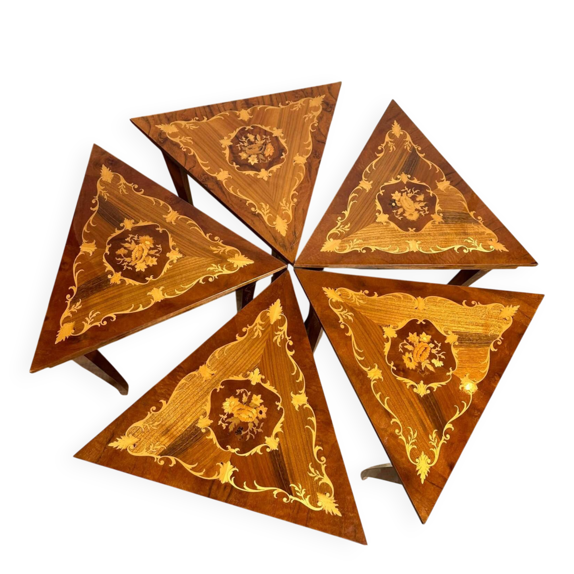 Italian Marquetry Five Piece Triangle Table