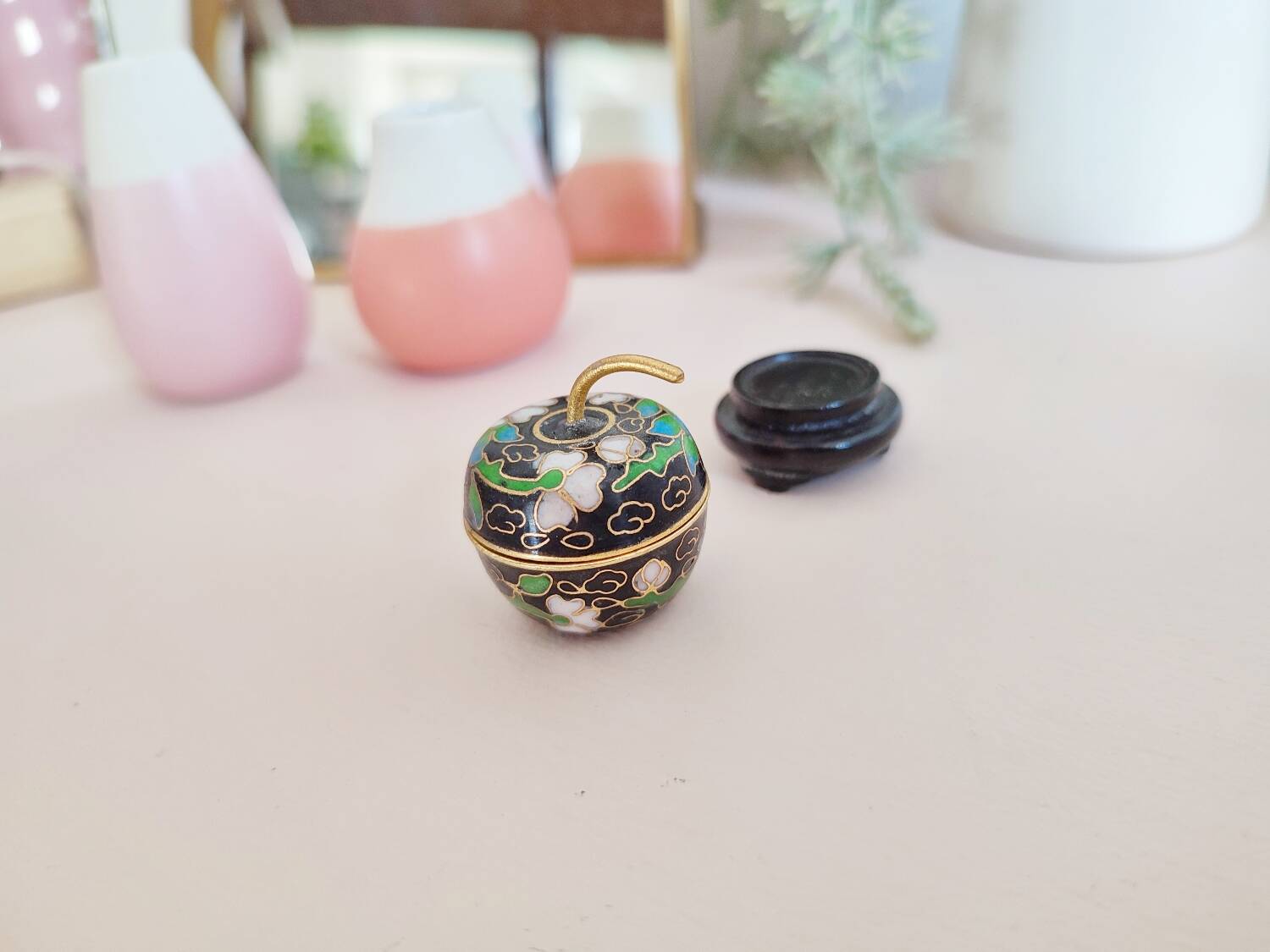 Pill box, small vintage cloisonné pill box in apple