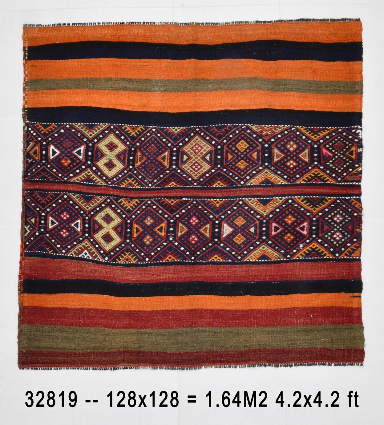 Navy Blue Orange Square Antique Kilim Rug, 128x128Cm