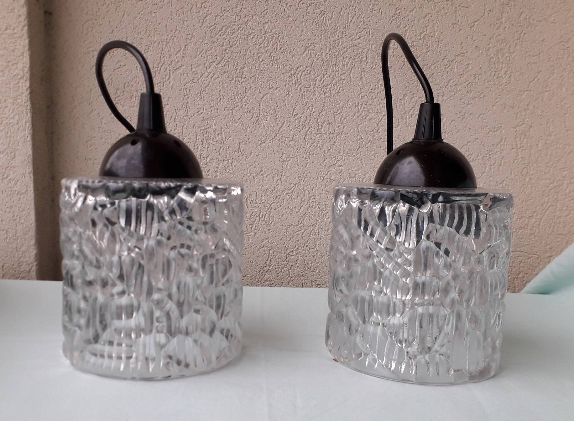 Pair of holophane glass pendants