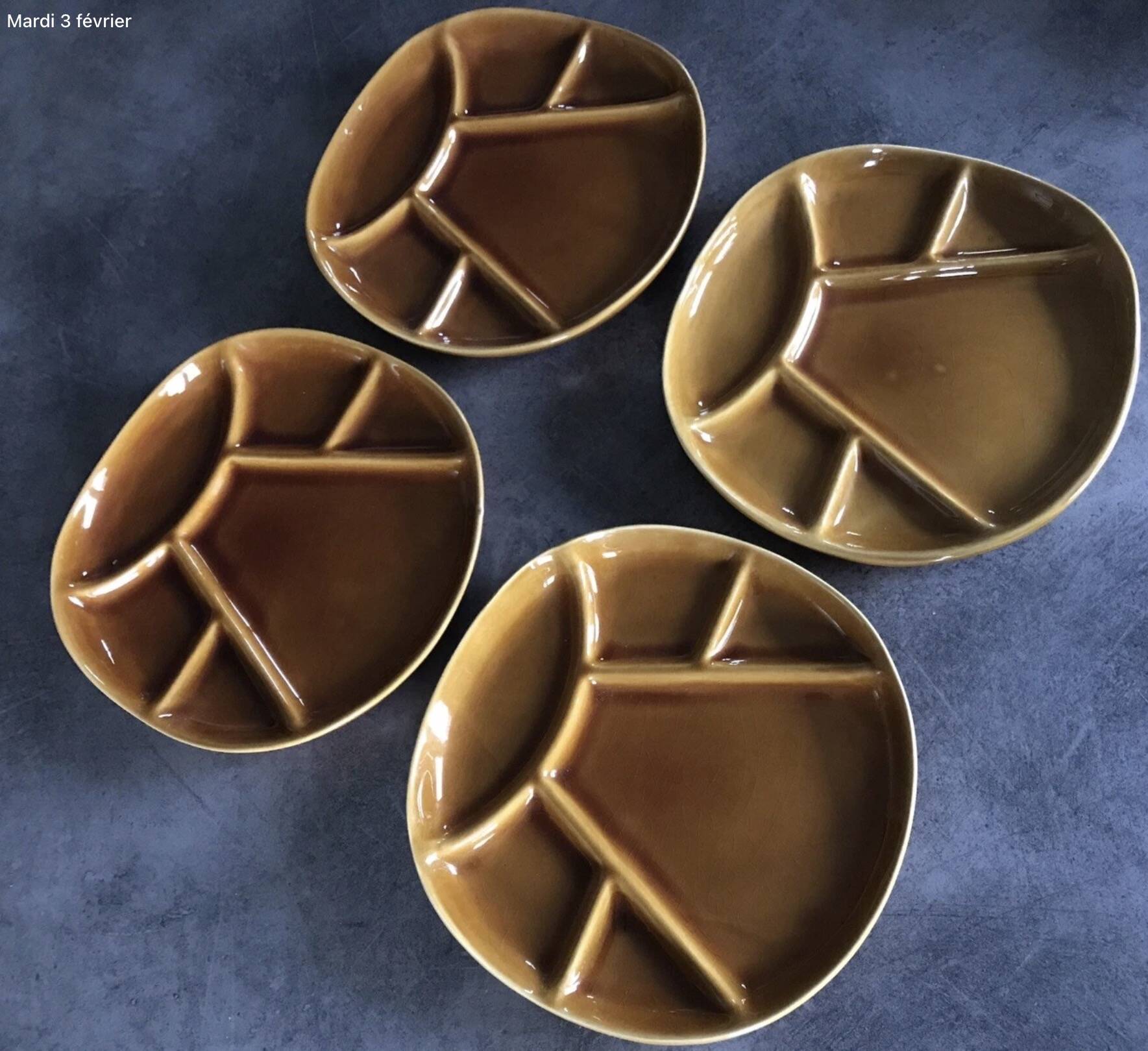 Set of 4 Fondue Plates in Longchamp Earthenware, Mustard Colour