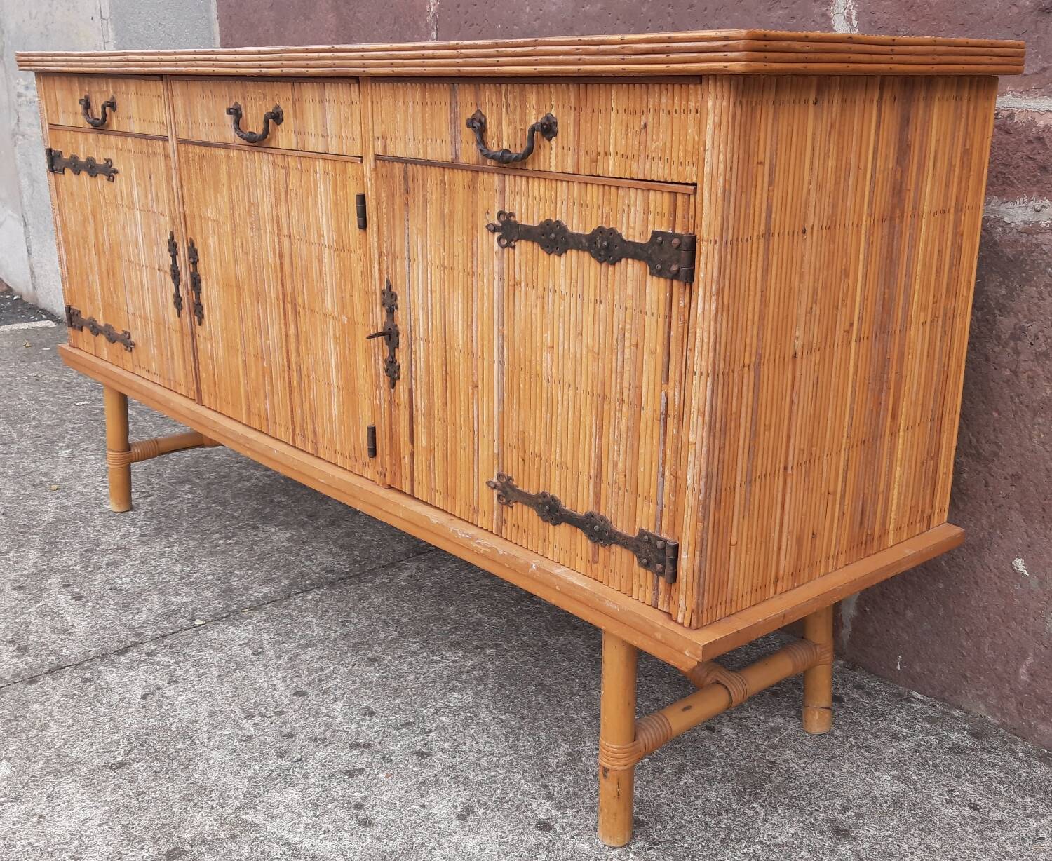 Console table in rattan and bamboo, (Attributed to Audoux-Minet)