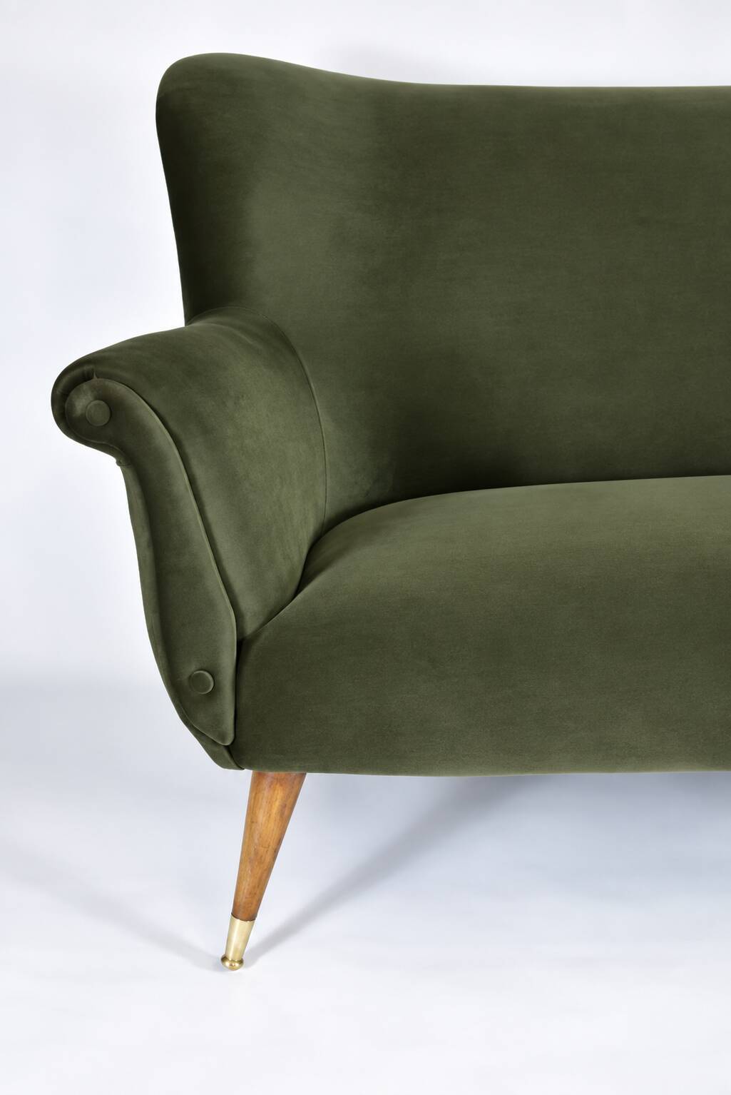 Vintage 1960s olive green velvet canapé – faithful replica, entirely