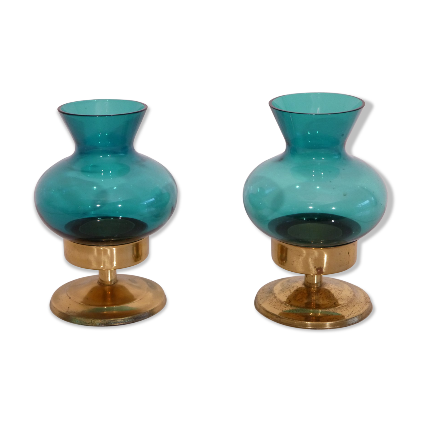 Pair of Scandinavian candlesticks in brass and coloured glass