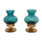Pair of Scandinavian candlesticks in brass and coloured glass
