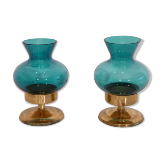Pair of Scandinavian candlesticks in brass and coloured glass