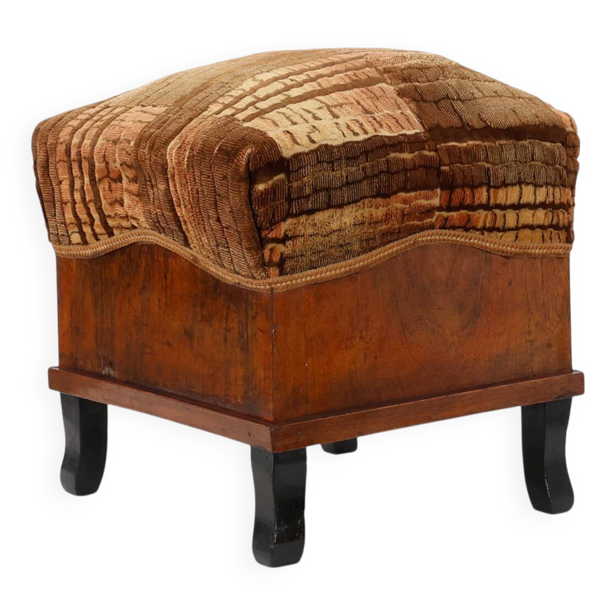 Art Deco walnut stool with original velvet upholstery, Italy 1920s