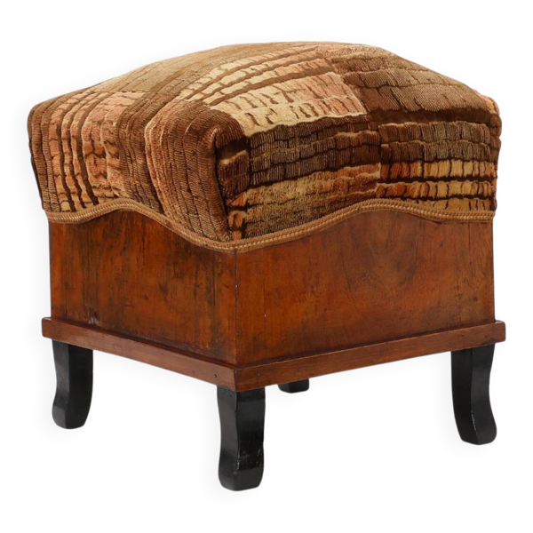 Tabouret en noyer Art Déco avec tapisserie en velours d'origine, Italie années 1920.