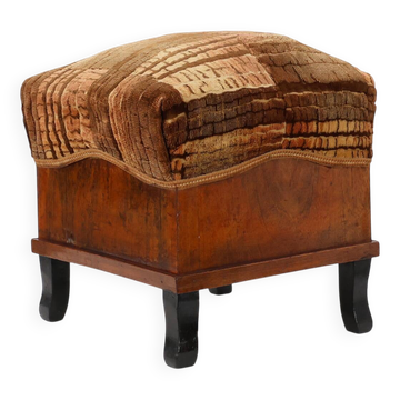 Art Deco walnut stool with original velvet upholstery, Italy 1920s