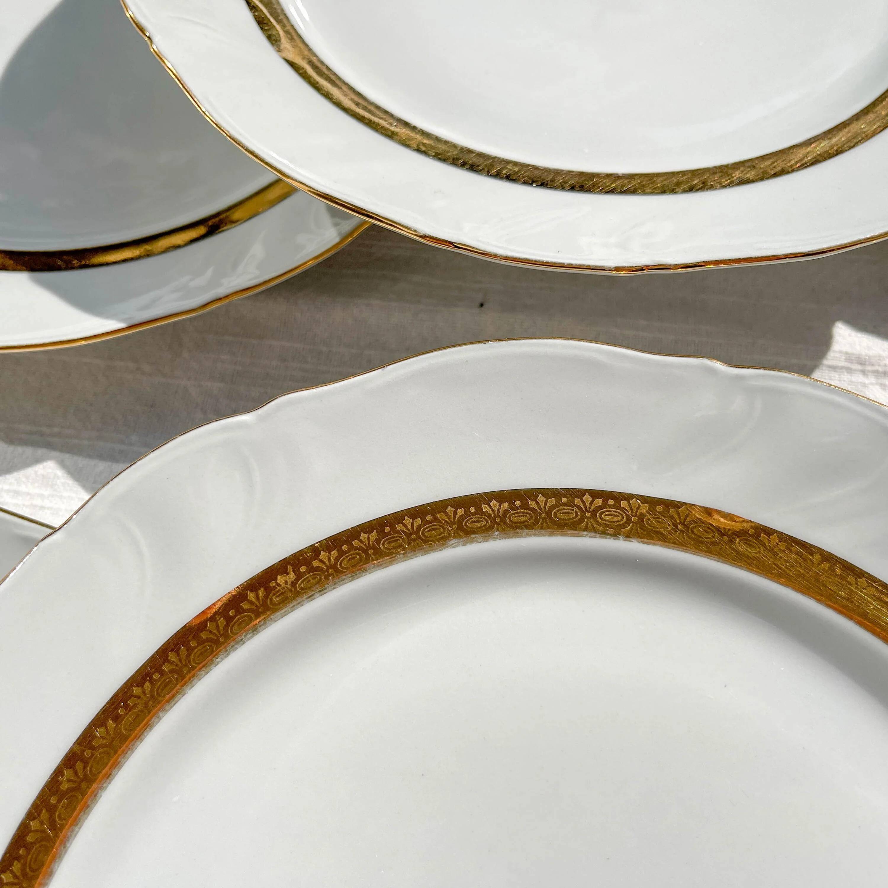 6 Vintage White and Gold Porcelain Dinner Plates Limoge France ADP "Ariane" - Elegant Antique French Tableware