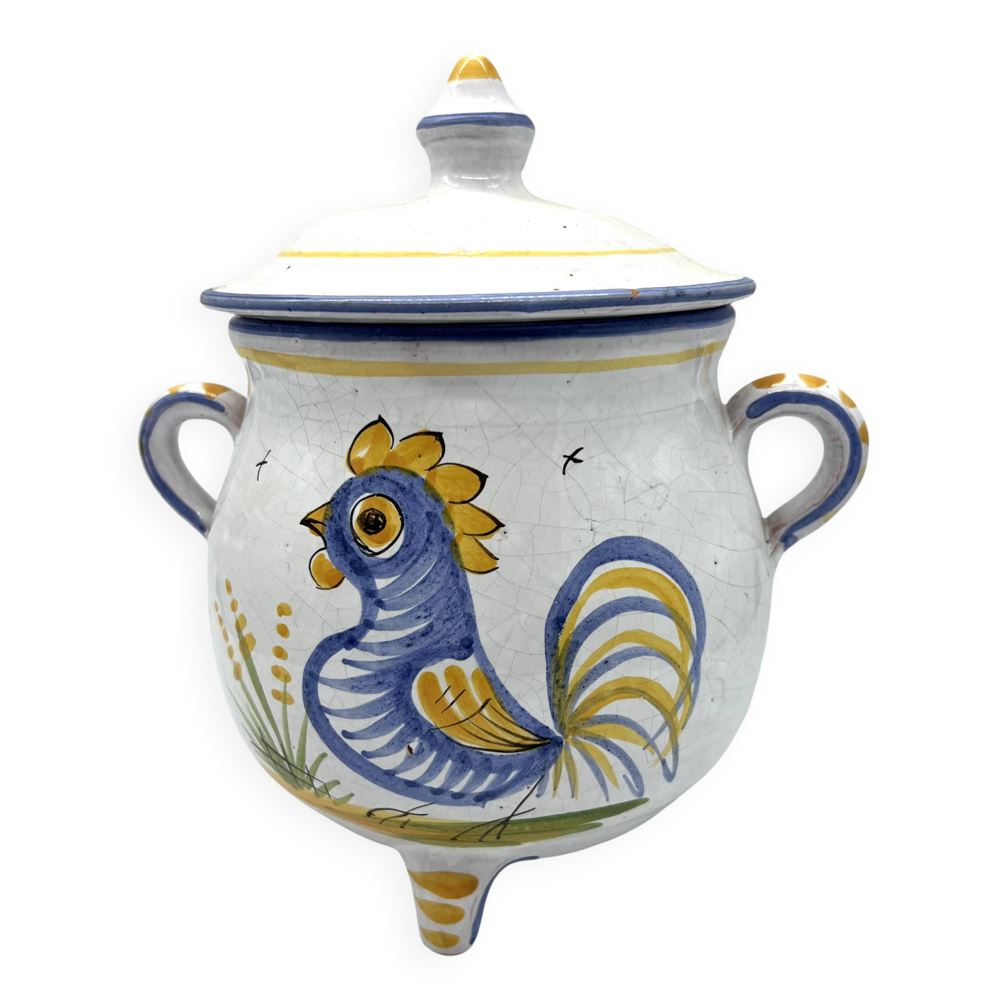 Covered earthenware pot with rustic decor – rooster motif – 20th century