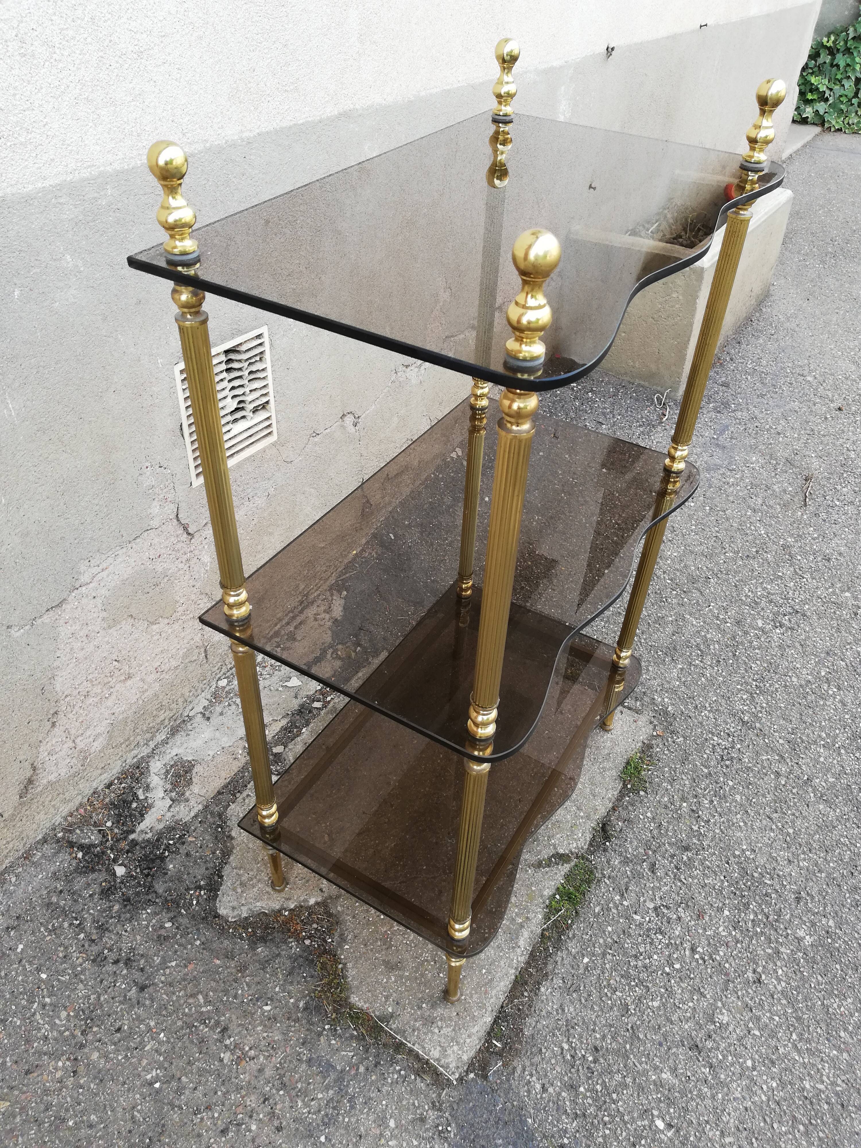 Shelf vintage brass 3 trays smoked glass