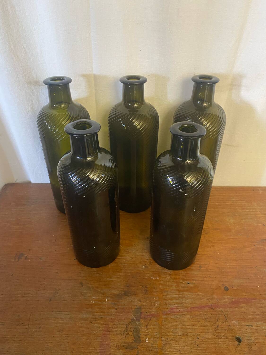 Set of 5 antique carapelli bottles, smoked and ribbed vintage glass