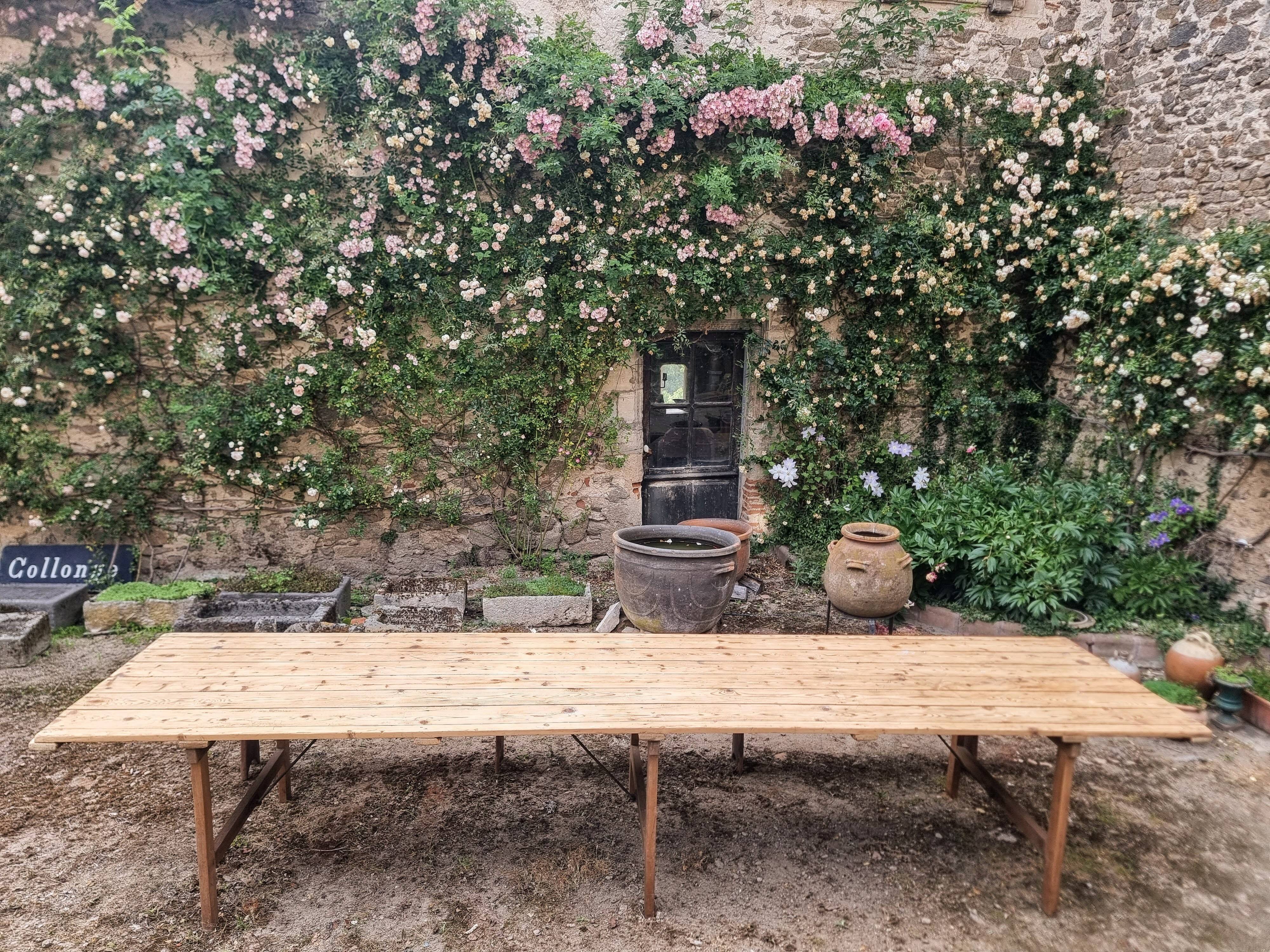 French antique garden dining table – XXL wine table with benches