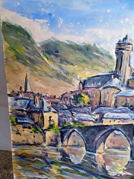 Landscape village old gouache bridge / paper 65/50cm