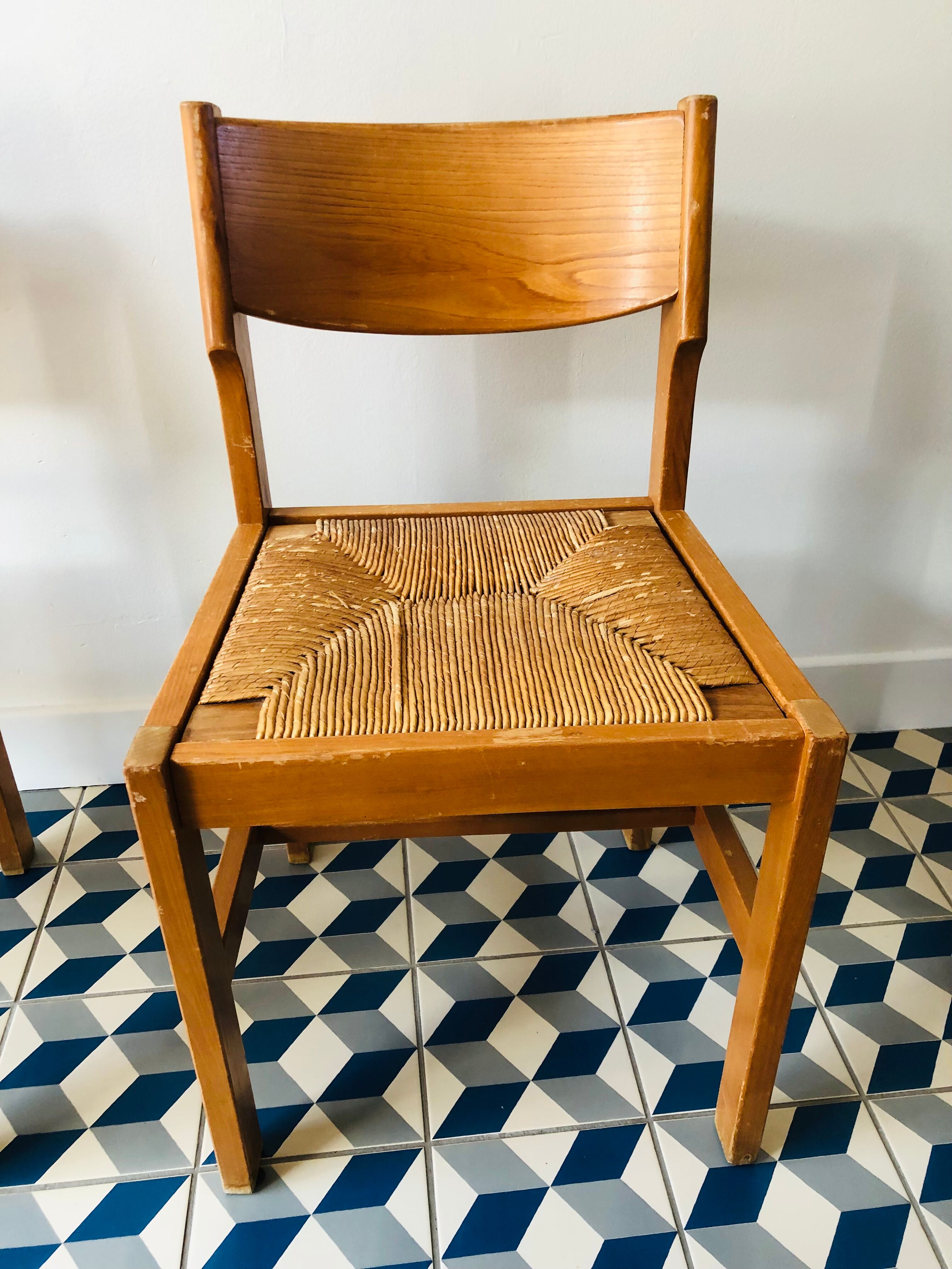 4 vintage pine chairs sitting straw