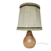 Turned wooden lamp with linen shade
