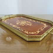 Octagonal tray in marquetry and brass, Italy, Art Deco 1940s 1950s