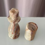 Vintage Hand-Carved Green Onyx Candlestick & Tea Light Holder Set