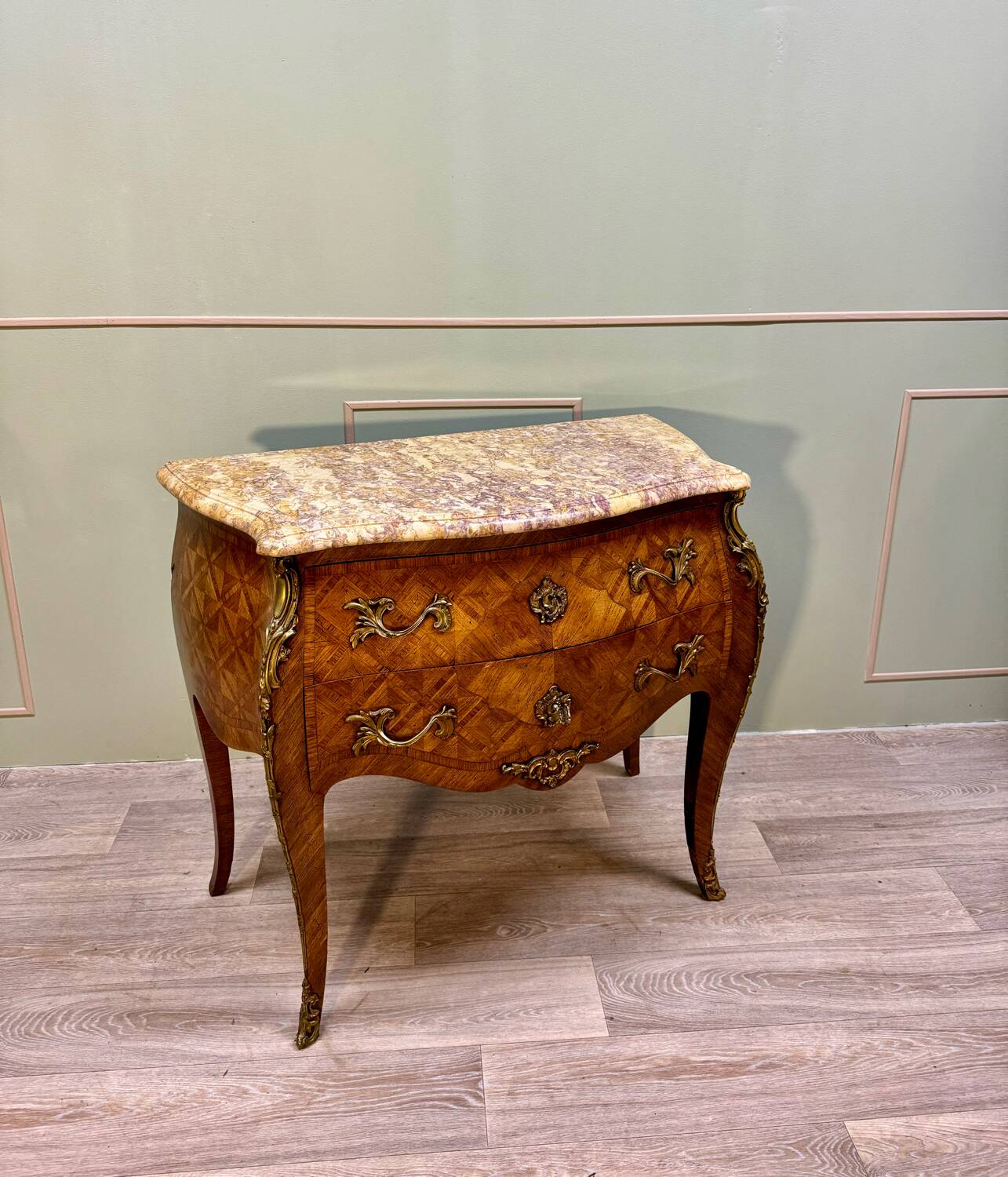 Curved sauteuse commode in stamped marquetry louis xv style xix eme century
