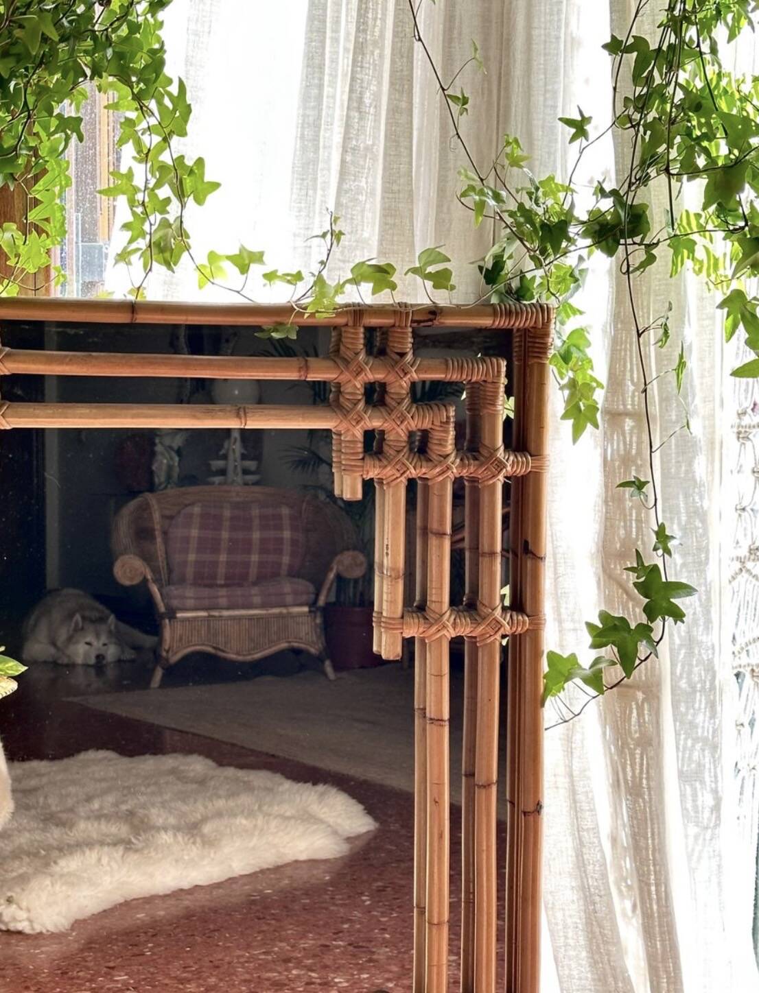 Large sculptural mirror handmade from natural bamboo and woven rattan, 1960.