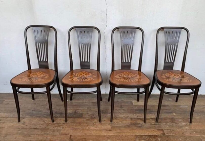 Lot 4 chairs bistrot wood curve stamp tuna and decor seat art nouveau