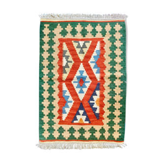 Kilim shirazi en laine vert, terracotta et bleu ciel, fait à la main