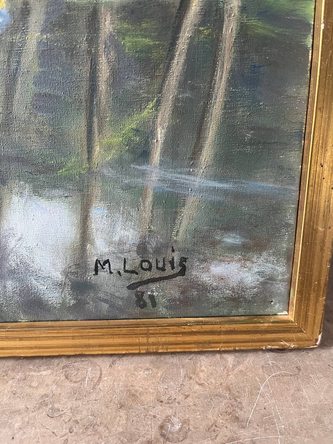 Fishermen at Brochard Pond, signed M. Louis, 1981