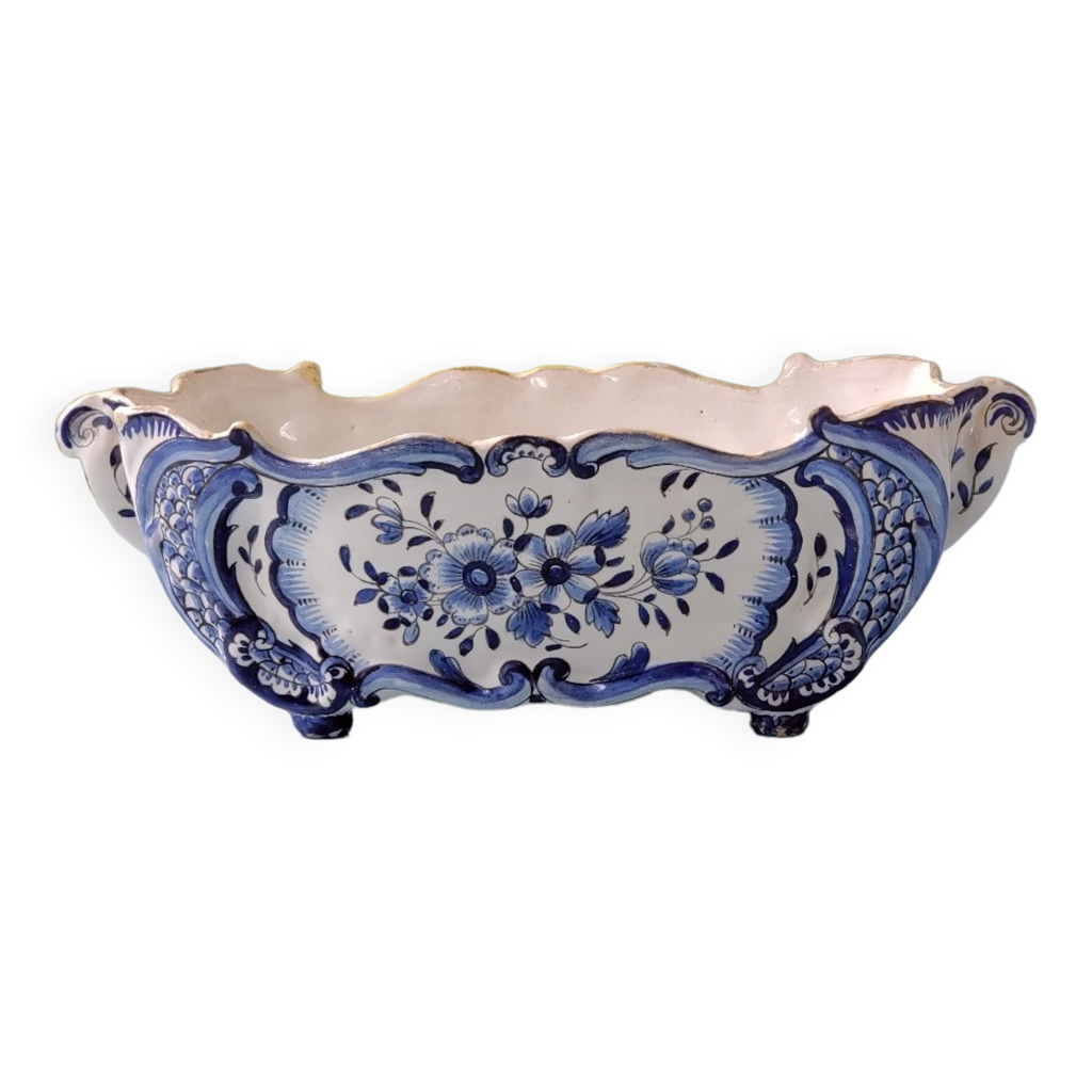 Grosse jardinière en faïence de Gien - Décor bleu et or - Label Emmaüs