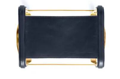 Footrest in Aged Brass and Navy Blue Leather, Contemporary Style