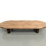 XXL oval coffee table in solid oak, cylindrical base, 1950s.