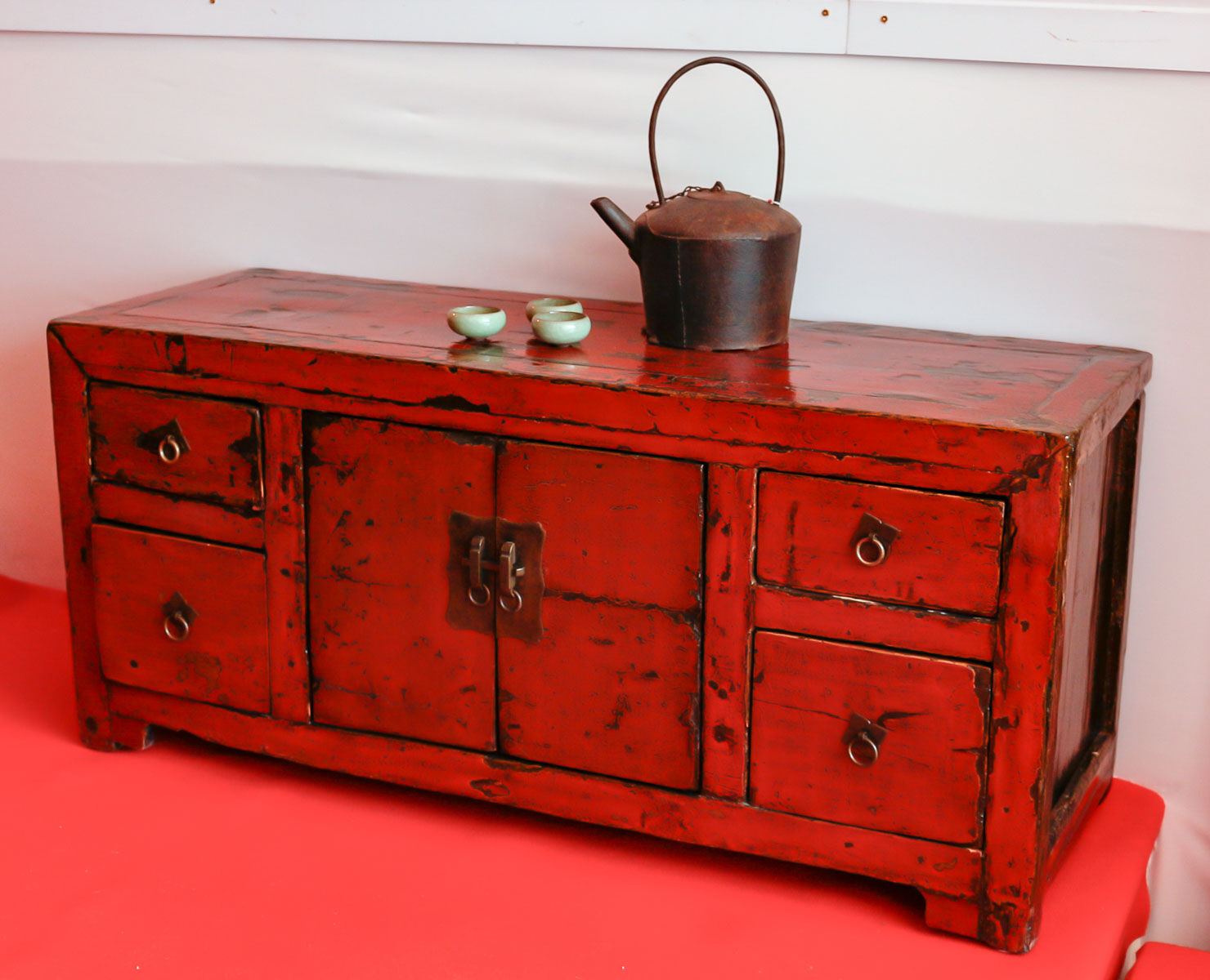 Chinese antique low cabinet 4 drawers + 2 doors
