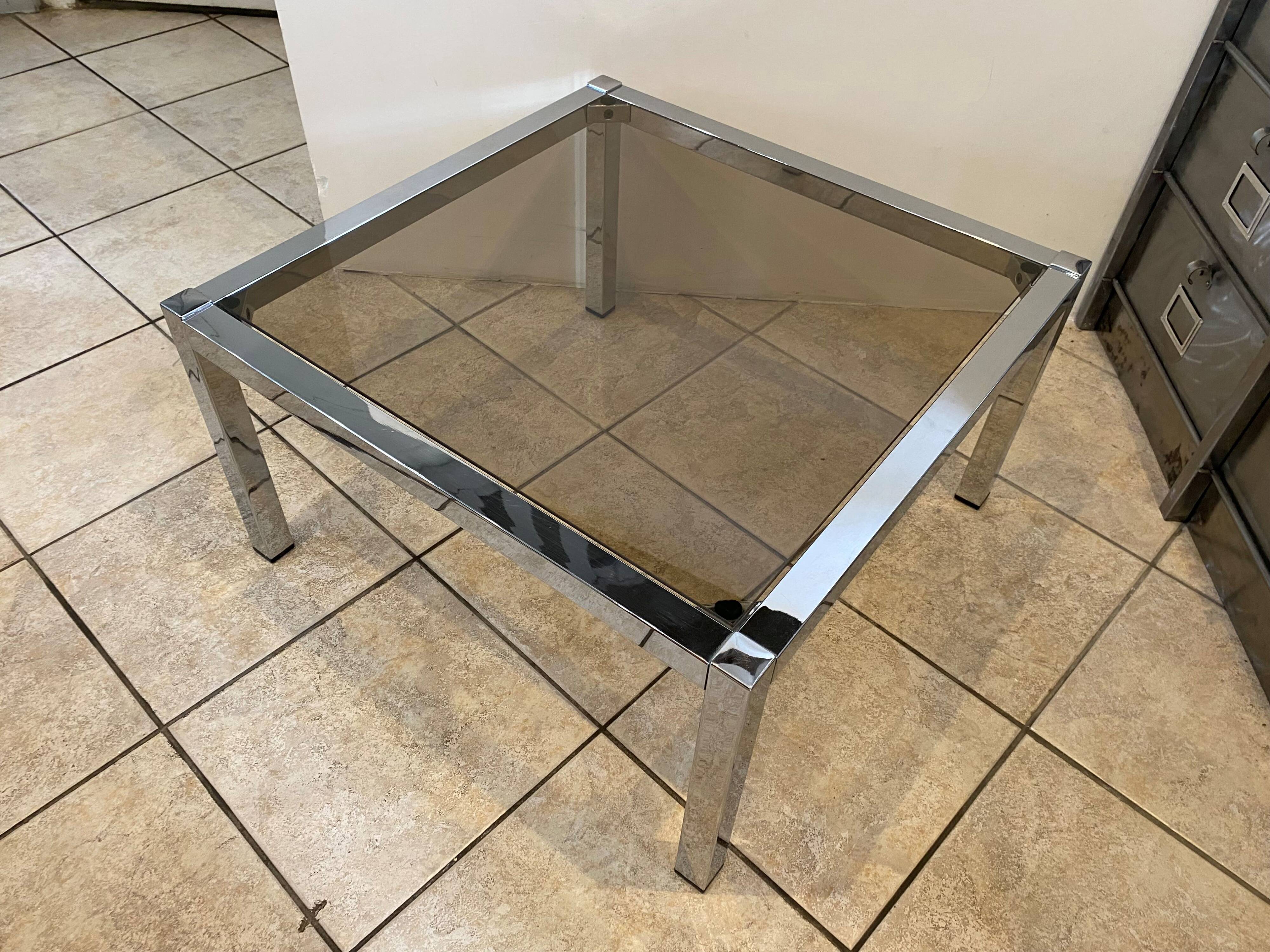 Square coffee table with smoked glass top and chrome base an70