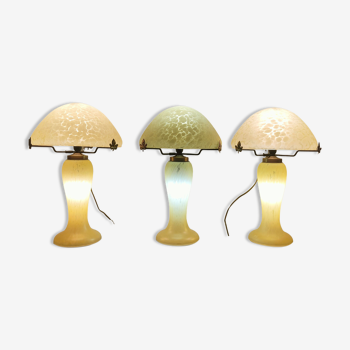 Lampes trio champignons en pâte de verre 1980
