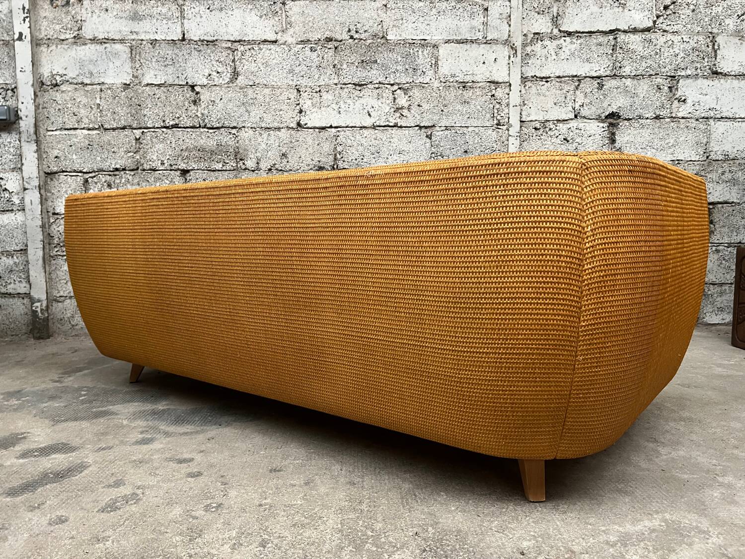 Vintage rattan sofa design 1970 ecru French terry fabric